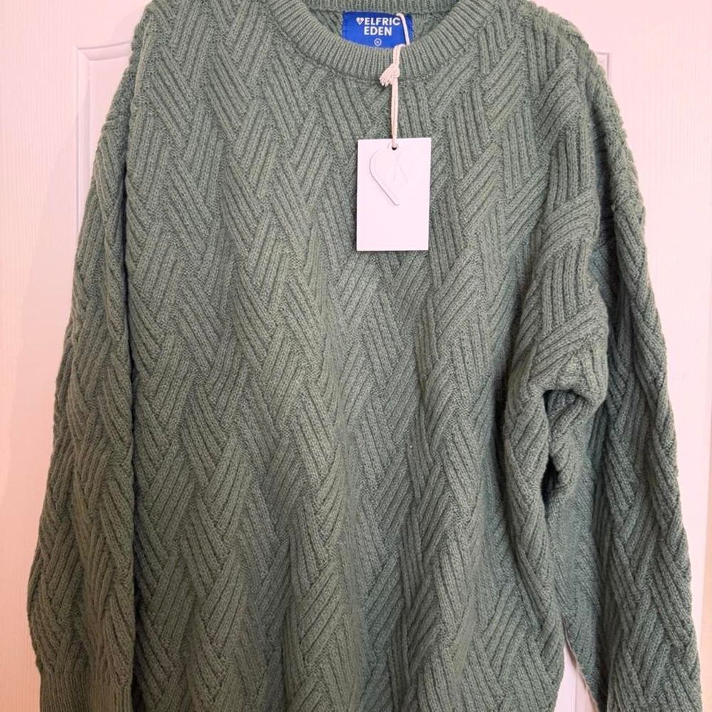 Aelfric Eden Green Herringbone Knit Sweater XL Oversized Crew Neck Knitwear